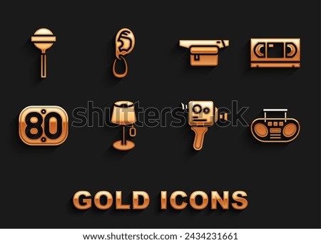 Set Floor lamp, VHS video cassette tape, Home stereo with two speakers, Retro cinema camera, 80s, Waist bag of banana, Lollipop and Ear earring icon. Vector
