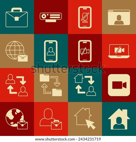 Set Online working, Camera, Video camera Off on laptop, Mute microphone mobile, chat conference, Briefcase and  icon. Vector