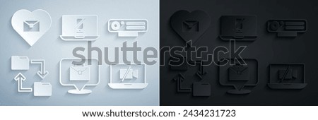 Set Online working, Web camera, Cloud storage document folder, Video Off on laptop, Mute microphone and Heart with text icon. Vector