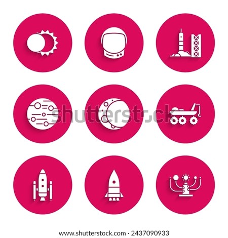 Set Moon, Rocket ship, Solar system, Mars rover, Space shuttle and rockets, Planet, launch from the spaceport and Eclipse of sun icon. Vector