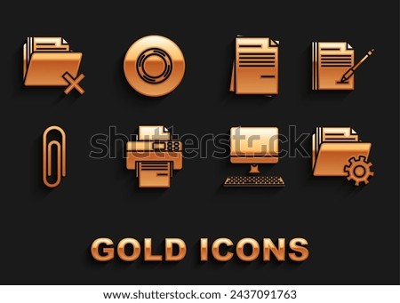 Set Printer, Blank notebook and pen, Folder settings with gears, Computer monitor keyboard, Paper clip, File document, Delete folder and Scotch icon. Vector