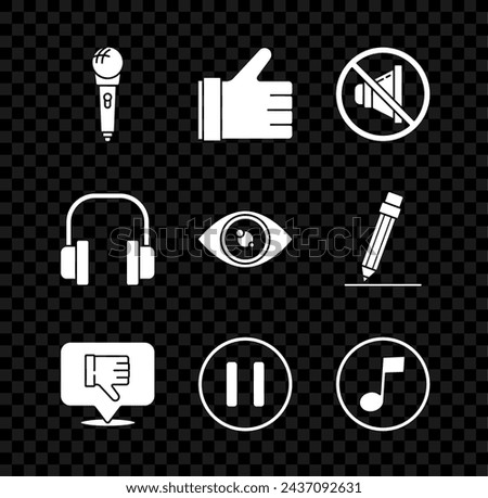 Set Microphone, Hand like, Speaker mute, Dislike in speech bubble, Pause button, Music note, tone, Headphones and Eye icon. Vector