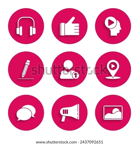 Set Add to friend, Megaphone, Picture landscape, Digital media play with location, Speech bubble chat, Pencil eraser, Head people button and Headphones icon. Vector