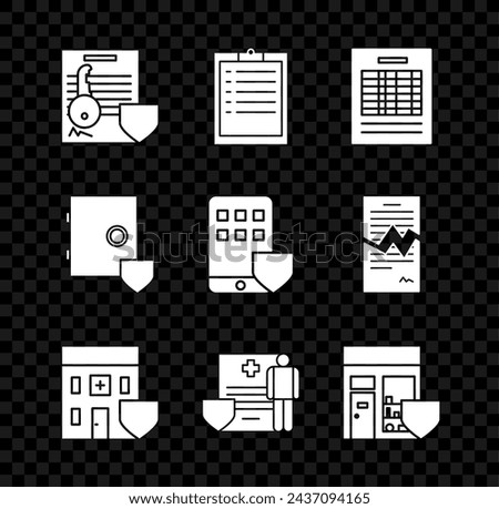 Set Document with key with shield, Clipboard checklist, Report file document, Medical hospital building, clipboard clinical record, Shopping, Safe and Smartphone insurance icon. Vector