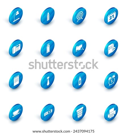 Set Pencil, Target, Calendar, Telephone, Notebook, USB flash drive, Document with minus and Search concept folder icon. Vector