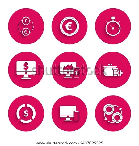 Set Financial chart or graph on the computer monitor and mobile phone, Gear arrows as workflow process concept, Wallet with coins, Coin money dollar symbol, Stopwatch and Money exchange icon. Vector