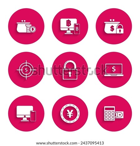 Set Lock, Coin money with Yen symbol, Calculator dollar, Laptop, Computer monitor and mobile phone, Target, Closed wallet lock and Wallet coins icon. Vector