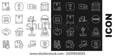 Set line Location with cardboard box, Weight, rice tag Free, Container, Envelope, This side up, Delete envelope and Forklift truck icon. Vector