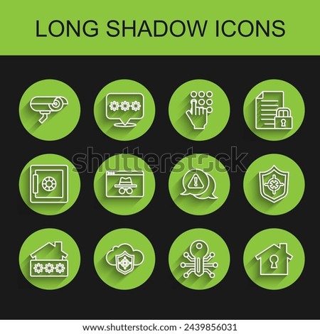 Set line House with password, Cloud and shield, Security camera, Smart key, under protection, Browser incognito window, Shield and Exclamation mark triangle icon. Vector