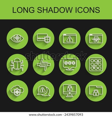 Set line Cloud and shield, Exclamation mark in triangle, Eye scan, Lock monitor, Folder lock, Barbed wire, Graphic password protection and Password icon. Vector