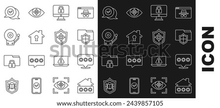 Set line House with password, Password protection, Document folder, Lock monitor, under, Ringing alarm bell, Check mark speech bubble and Shield icon. Vector