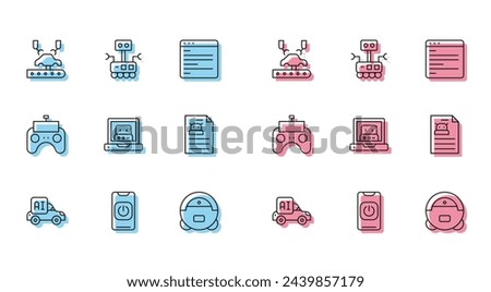 Set line Autonomous smart car, Turn off robot from phone, Robotic arm factory, vacuum cleaner, Creating, Technical specification, Remote control and  icon. Vector