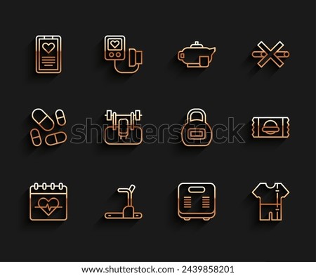 Set line Heart rate, Treadmill machine, Medical clipboard, Bathroom scales, Sport track suit, Bench with barbel, Sports nutrition and Kettlebell icon. Vector