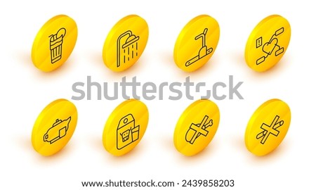 Set line No Smoking, meat, Paper package for milk, Teapot with cup, Attention to health heart, Treadmill machine, Shower head and Fresh smoothie icon. Vector