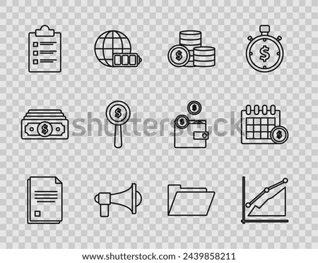 Set line File document, Pie chart infographic, Coin money with dollar symbol, Megaphone, Clipboard checklist, Magnifying glass and, Document folder and Financial calendar icon. Vector