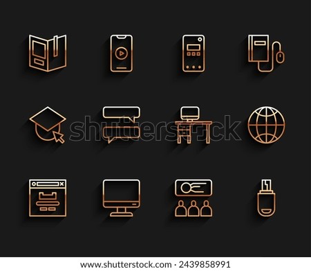 Set line Browser window, Computer monitor screen, Open book, Training, presentation, USB flash drive, Speech bubble chat, Social network and and desk icon. Vector