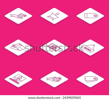 Set line Human hand holding with blank receipt or bill for payment, Credit card, building on screen laptop, Hanging sign text Open door, computer and credit icon. Vector
