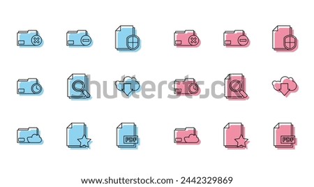Set line Cloud storage text document folder, Document with star, Delete, PDF file, search, download, clock and minus icon. Vector