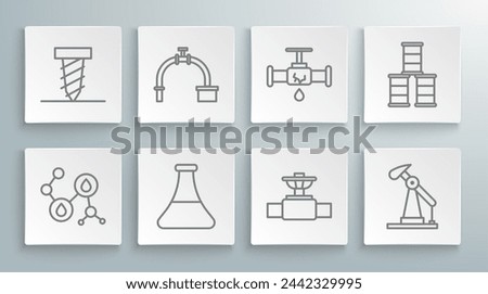 Set line Molecule oil, Industry pipe and valve, Oil petrol test tube, pump or pump jack, Broken with leaking water, Barrel and Rotating drill digging hole icon. Vector