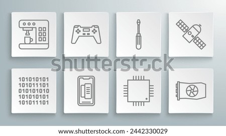 Set line Binary code, Gamepad, Smartphone, mobile phone, Processor with microcircuits CPU, Video graphic card, Screwdriver, Satellite and Coffee machine icon. Vector