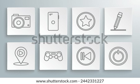 Set line Digital media play with location, Smartphone, mobile phone, Gamepad, Rewind, Power button, Star, Pencil eraser and Photo camera icon. Vector