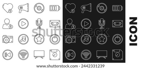 Set line Floppy disk for computer data storage, Power button, Retro audio cassette tape, Vinyl, Play circle, Add friend, Like and heart and Microphone icon. Vector