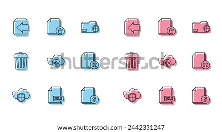 Set line Cloud and shield, XLS file document, Next page arrow, Finance, Add cloud, Delete, Trash can and  icon. Vector