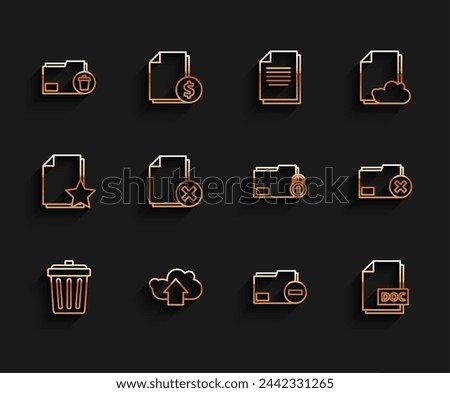 Set line Trash can, Cloud upload, Delete folder, Document with minus, DOC file document,  and Folder and lock icon. Vector