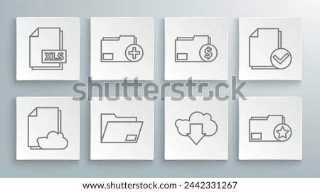 Set line Cloud storage text document, Add new folder, Document, download, with star, Finance, and check mark and XLS file icon. Vector