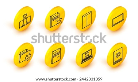 Set line User manual, Laptop and cross mark on screen, File document, Folder settings with gears, Envelope, Delete file and Binder clip icon. Vector