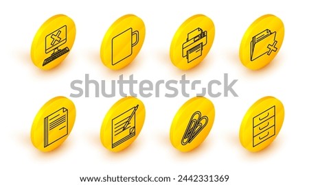 Set line Drawer with documents, Paper clip, Blank notebook and pen, File, Delete folder, Printer, Coffee cup and Computer keyboard x mark icon. Vector