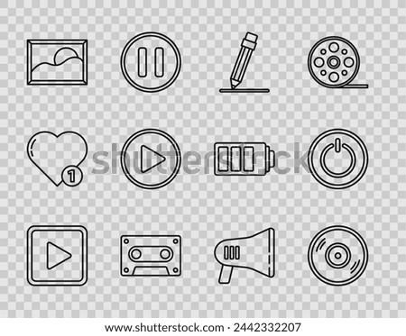Set line Play in square, Vinyl disk, Pencil with eraser, Retro audio cassette tape, Picture landscape, circle, Megaphone and Power button icon. Vector