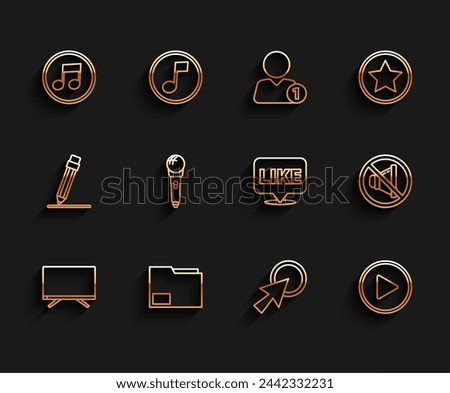 Set line Smart Tv, Document folder, Music note, tone, Arrow cursor, Play in circle, Microphone, Speaker mute and Like speech bubble icon. Vector