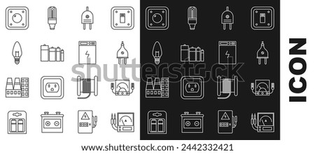 Set line Ampere meter, multimeter, voltmeter, Electric plug, Battery, Light bulb, light switch and Power bank icon. Vector