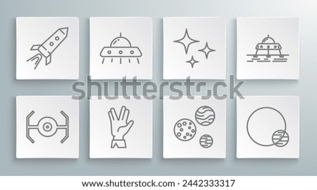 Set line Cosmic ship, UFO flying spaceship, Vulcan salute, Planet, Falling star, Mars rover and Rocket with fire icon. Vector