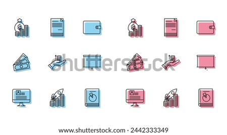 Set line Computer monitor with resume, Rocket flying up coins growth chart, Money bag and, User manual, hand, Chalkboard, Stacks paper money cash and Document icon. Vector