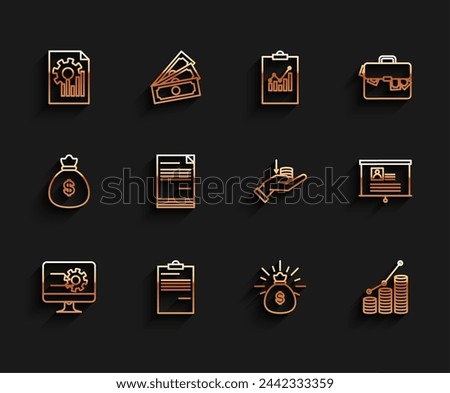 Set line Computer monitor with graph chart, Document, Money bag, Pie infographic and coin, Board resume and hand icon. Vector
