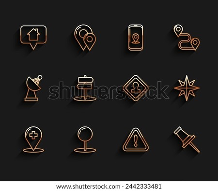 Set line Medical map pointer with cross hospital, Push pin, Map house, Exclamation mark triangle, Road traffic sign, Wind rose and  icon. Vector