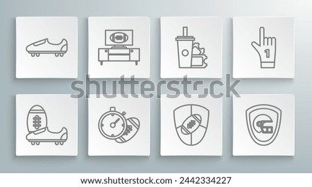 Set line Soccer or football shoes with spikes, Football stopwatch, shield, helmet, ticket paper glass soda drinking straw, Number 1 one fan hand glove finger raised and  icon. Vector