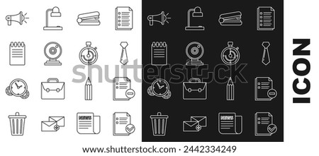 Set line Document and check mark, with minus, Tie, Office stapler, Web camera, Notebook, Megaphone and Briefcase icon. Vector