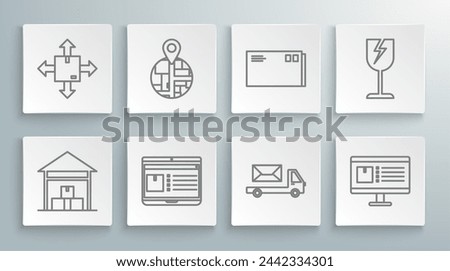 Set line Warehouse, Laptop with app delivery tracking, Post truck, Computer monitor, Envelope, Fragile broken glass symbol and Cardboard box traffic icon. Vector