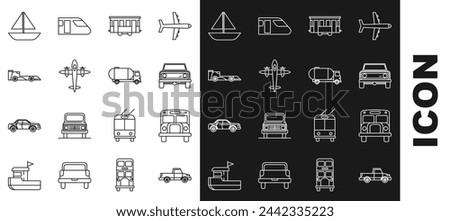 Set line Pickup truck, School Bus, Off road car, Old city tram, retro vintage plane, Formula race, Yacht sailboat sailing ship and Tanker icon. Vector