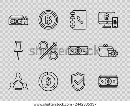 Set line Project team base, Stacks paper money cash, Address book, Coin with dollar symbol, Money lock, Percent up arrow, Shield check mark and Wallet coins icon. Vector