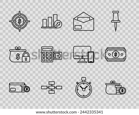 Set line Envelope with coin dollar symbol, Wallet coins, Business hierarchy organogram chart infographics, Target, Calculator, Stopwatch and Stacks paper money cash icon. Vector