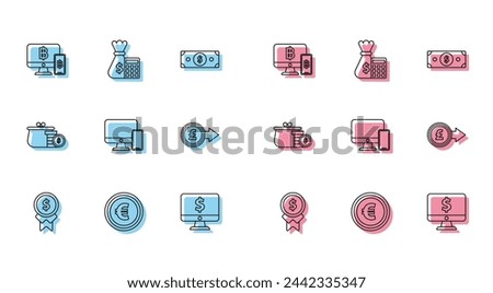 Set line Reward for good work, Coin money with euro symbol, Computer monitor mobile phone and bitcoin, dollar, pound sterling, Wallet coins and Calculator bag icon. Vector