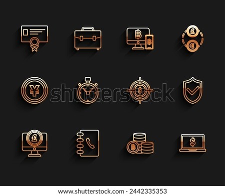 Set line Computer monitor with pound sterling symbol, Address book, Certificate template, Cryptocurrency coin Bitcoin, Laptop dollar, Stopwatch, Shield check mark and Target icon. Vector