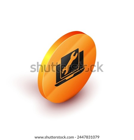 Isometric Laptop with wrench icon isolated on white background. Adjusting, service, setting, maintenance, repair, fixing. Orange circle button. Vector