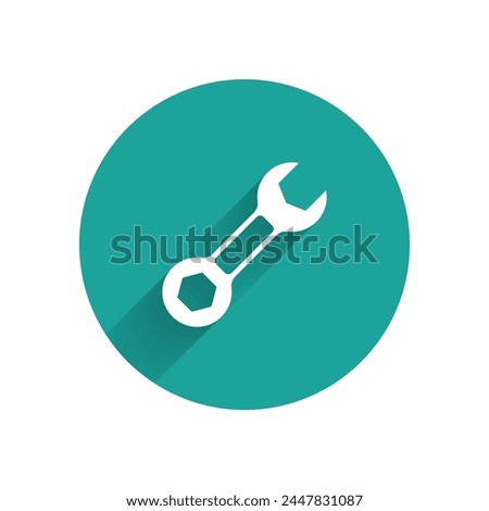 White Wrench spanner icon isolated with long shadow. Green circle button. Vector