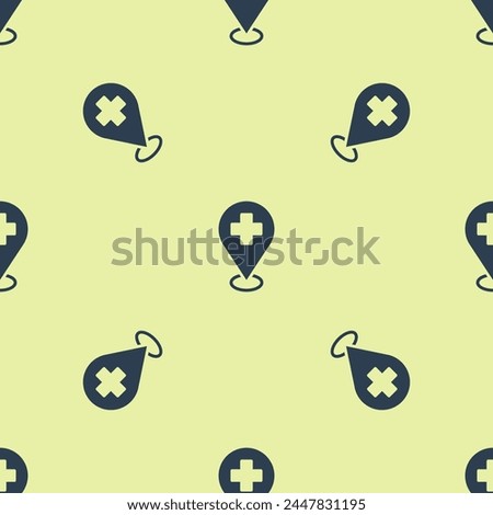 Blue Medical map pointer with cross hospital icon isolated seamless pattern on yellow background.  Vector