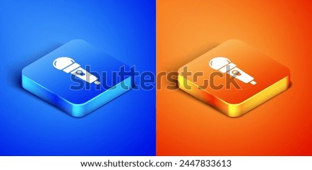 Isometric Microphone icon isolated on blue and orange background. On air radio mic microphone. Speaker sign. Square button. Vector